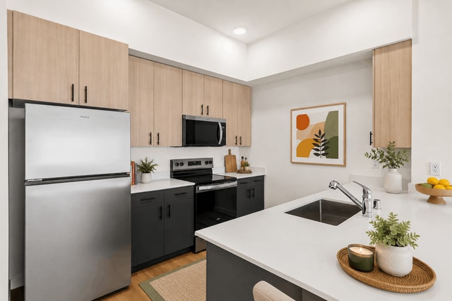 Modern 2-bedroom apartment kitchen with quartz countertops, stainless-steel appliances, and contemporary finishes at 27 West Apartments.
