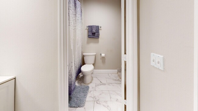 Elegant bathroom with modern fixtures, featuring a stylish shower curtain and polished tile flooring. - Chateau of Tampa