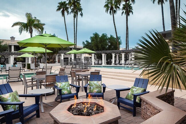 Poolside lounge with firepit