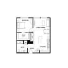 Modern floor plan showcasing one bedroom with walk-in closet, open living/dining area, efficient kitchen, and spacious bath.