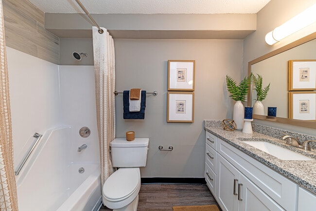 Bright bathroom with granite counters and bathtub