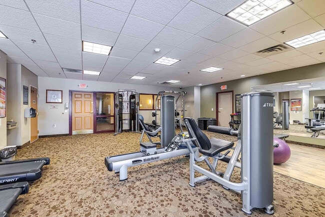 Spacious and well-equipped gym featuring modern exercise machines, inviting carpeted flooring, and ample lighting.