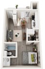 Aspen - Efficiency, 400 sqft, Walk-in Closet, Private Sleeping Area, Outside Storage, Full Size Kitchen Appliances, Pantry, Patio/Balcony.