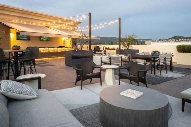 Rooftop SkyLounge with comfortable seating, fire pit, and sun shade