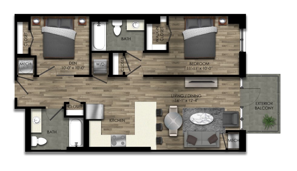 Floor Plan - 1 Bed/2 Bath Den-23W