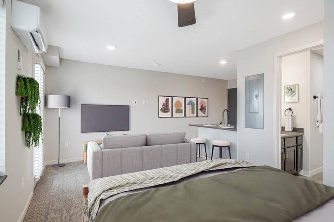 Our Hummingbird studio can easily be arranged with separate spaces for living and sleeping. - The Knock Apartments