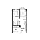 Modern apartment floor plan featuring one bedroom, a spacious living/dining area with Juliet balcony, a well-equipped kitchen, walk-in closet, and bath.