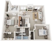 Two Bedrooms, Two Bathrooms, 900 sqft.