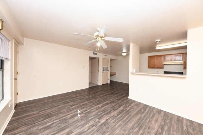 Spacious living room with hardwood-style flooring