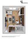 Explore the efficient layout of this cozy studio apartment, designed for contemporary living.