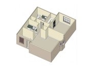 One Bedroom One Bathroom, Kitchen cabinets over stove have an opening into the dining room that can fit bar stools.