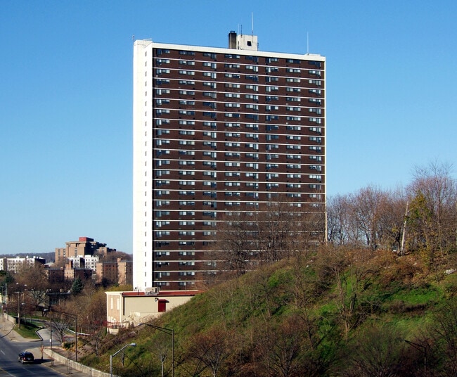 View from the east along Nepperhan Avenue with Cromwell Towers in the left background - St. Casimir Apartments