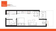 Modern studio floor plan at The Shelley, featuring an open kitchen with dining area, snug living space, and a cozy bedroom nook with patio access.