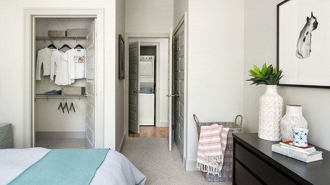 Spacious apartment Bedroom with Large Closet and Carpeted Floor.