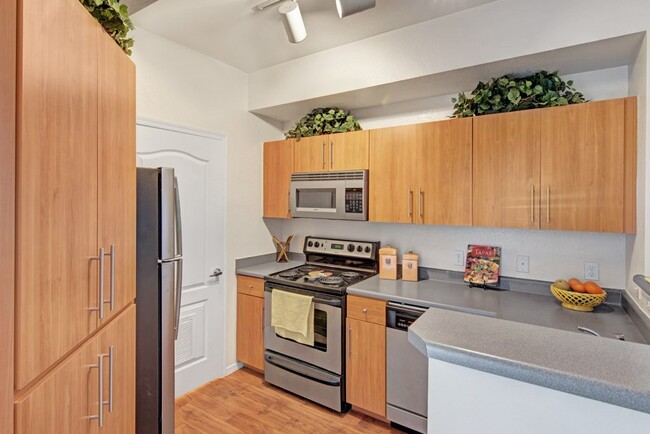 Acclaim Apartments- kitchen with wood cabinets and stainless-steel appliances - Acclaim Rental