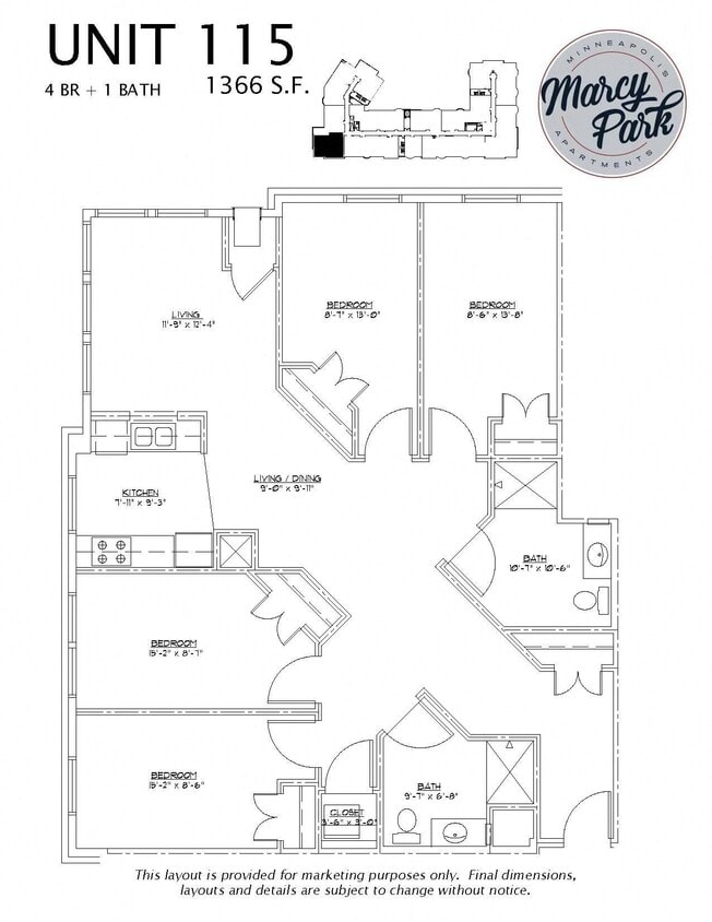 Floor Plan - 4 Bedrooms 2 Bath (115)