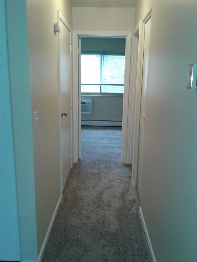 Hallway with lien closet and extra storage