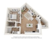 Contemporary 3D floor plan showcasing a cozy one-bedroom apartment with open-concept living and dining area, modern kitchen with island, and elegant bathroom.
