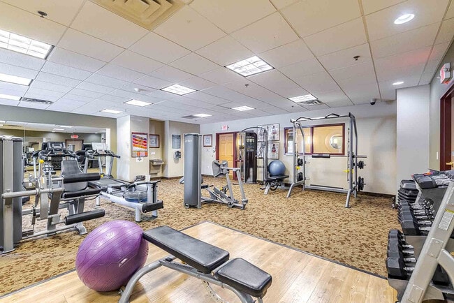 Modern fitness center equipped with state-of-the-art workout machines, free weights, and a cozy atmosphere for an invigorating exercise experience.