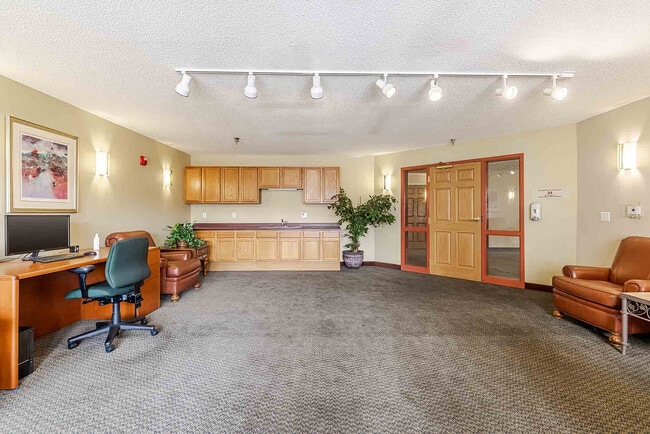 Bright office space with comfortable seating, elegant wood cabinetry, and lush greenery for a welcoming environment.