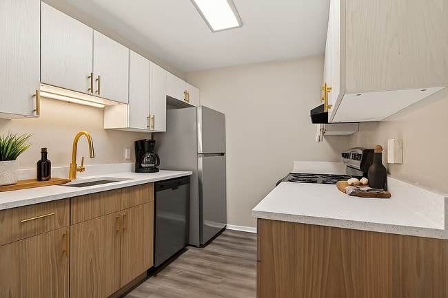 Modern galley kitchen with gold accents
