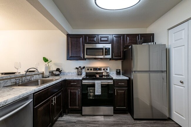 Renovated kitchen with dark cabinetry and stainless steel appliances. - Shadowmoss Pointe Apartments and Townhomes