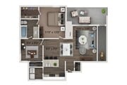 Plano de planta de dos dormitorios y un baño con conexiones para lavadora y secadora de tamaño estándar. Las casas de la planta baja ofrecen pisos estilo tablón de madera en todas partes. Las casas del segundo piso ofrecen alfombras en los dormitorios y los armarios.