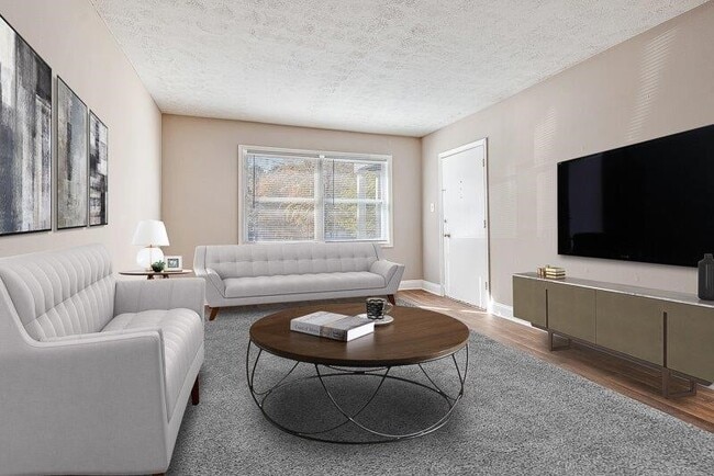 Living room with white sofas, round coffee table, large TV, and carpeted floor with natural light - Kasteel At Stone Mountain