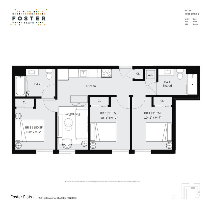 3 Bed 2 Bath - B | 821 SF - 3 Bed 2 Bath - B