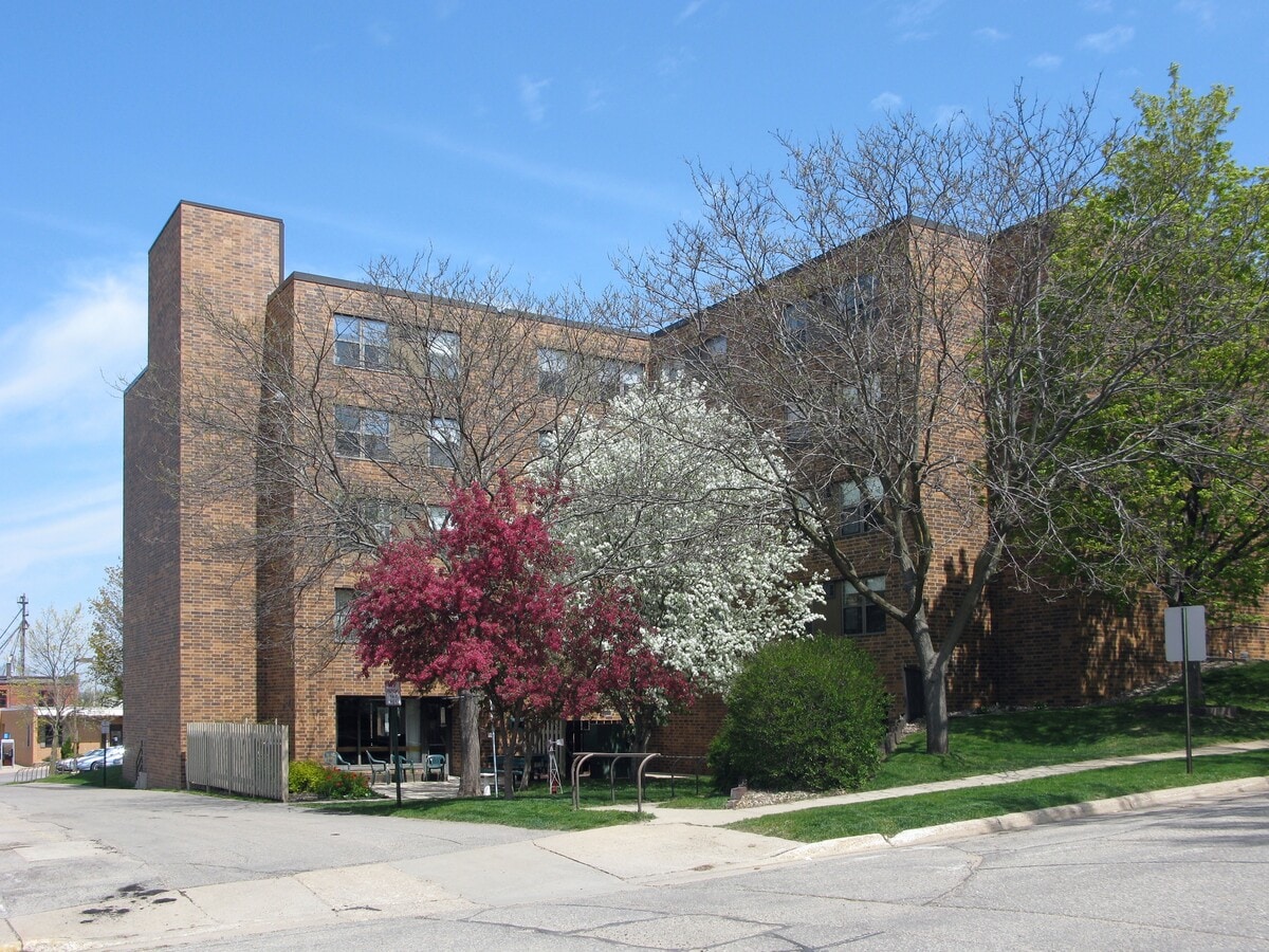 View to the northeast across East 5th Street - Zumbrota Towers Apartments