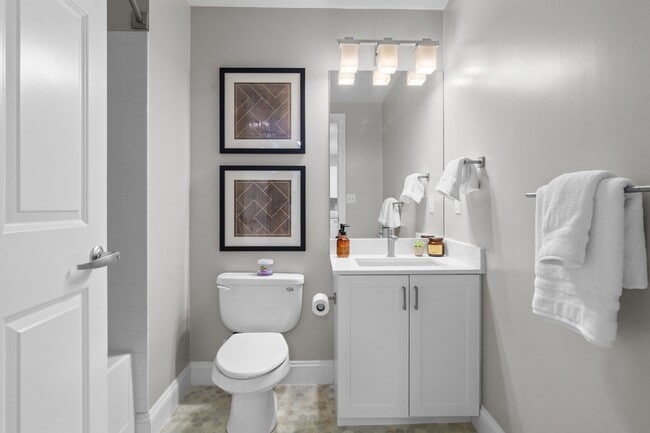 Bright bathroom at The Amelia Apartments in Quincy, MA