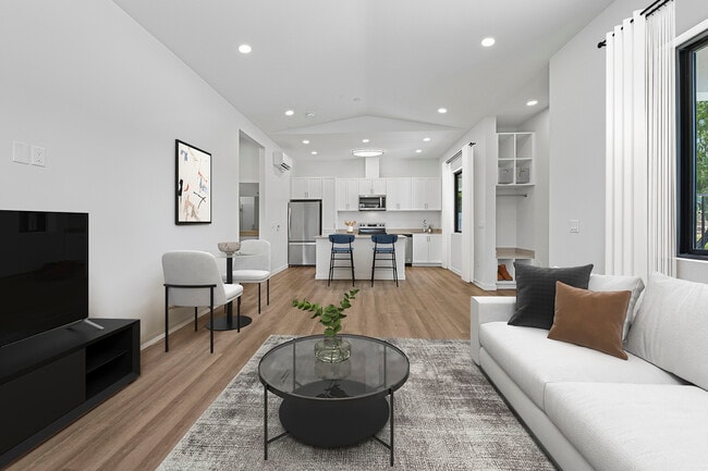 Freestanding Home dining and living room with hard-surface flooring