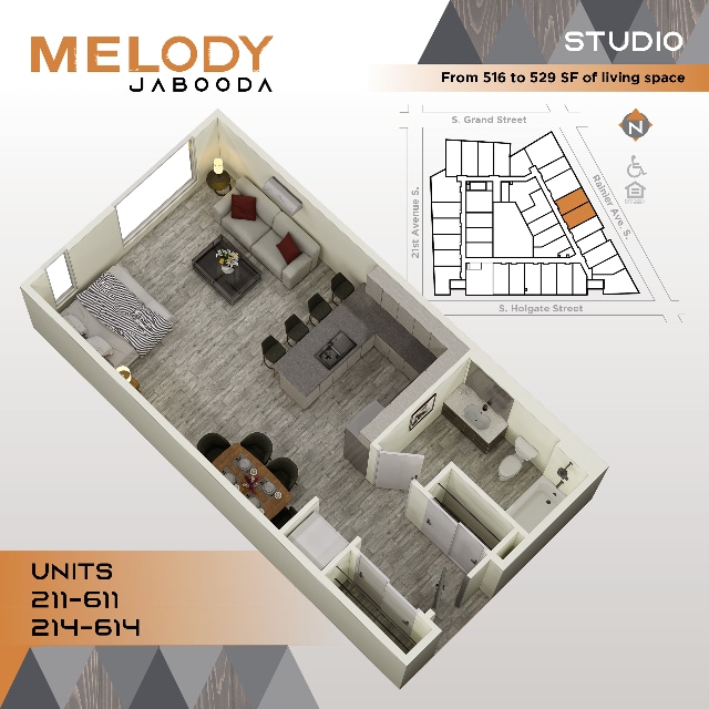 Estudio B cuadrado 211-611 214-614 - Melody Jabooda Apartments