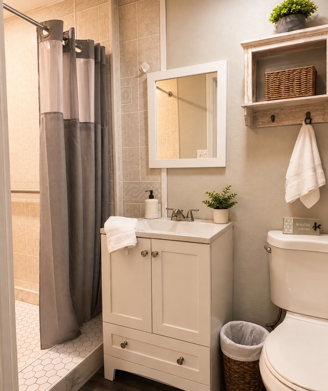 Modern bathroom featuring a spacious tiled shower and stocked with fresh towels. - 1115 Henrietta Dr Unit Furnished 1BR | Utilities
