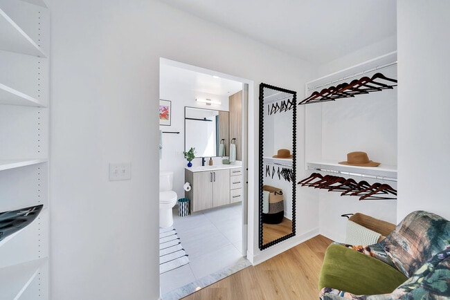 Oversized closet with built-in shelves and view into the bathroom.