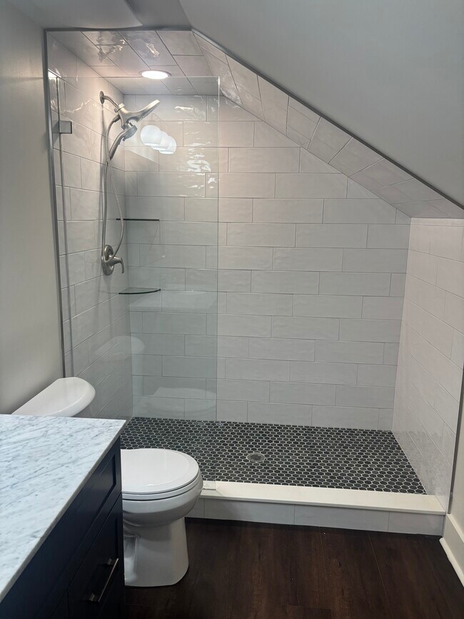 Walk-in shower with designer tile and custom door - 631 Woodland Ave SE Unit 3