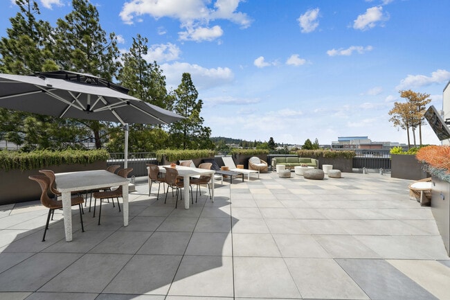 Chic rooftop terrace with stylish seating, spacious dining tables, and scenic views. - The Rise Walnut Creek