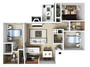 Three Bedrooms, Two Bathrooms, 1100 sqft, Laundry Room with Full-Sized Washer/Dryer, Kitchen open to Living Area, Patio or Balcony, Fireplace in Selected Units