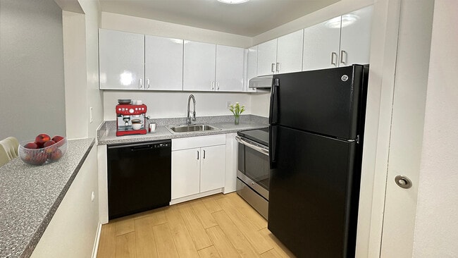 Stainless steel and black modern appliances, sleek clean white cabinetry, granite countertops, Wood plank - Metropolitan Oxford Flats