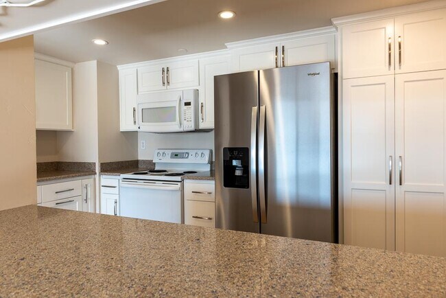 Kitchen with new refrigerator. Refrigerator has a triple-osmosis water filter - 500 N St Condo Unit 1007