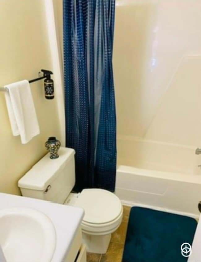 Bathroom — Clean full bathroom with deep blue accents, matching decor, and bright lighting. - 3606 Timberline Trl Unit 2b/2bath
