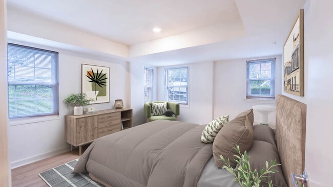 Dormitorio con suelo de superficie dura