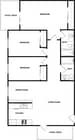 Representación 2D de un plano de planta de 3 habitaciones y 2 baños.