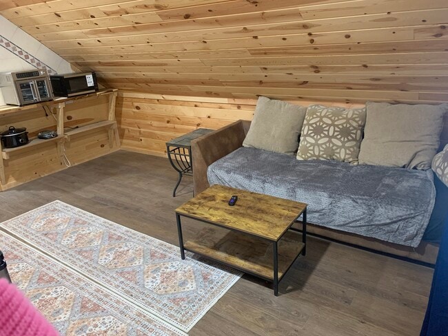 Large sofa, sitting area with TV coffee table, limited kitchenette area to the ieft - 135 Lock Seven Ln