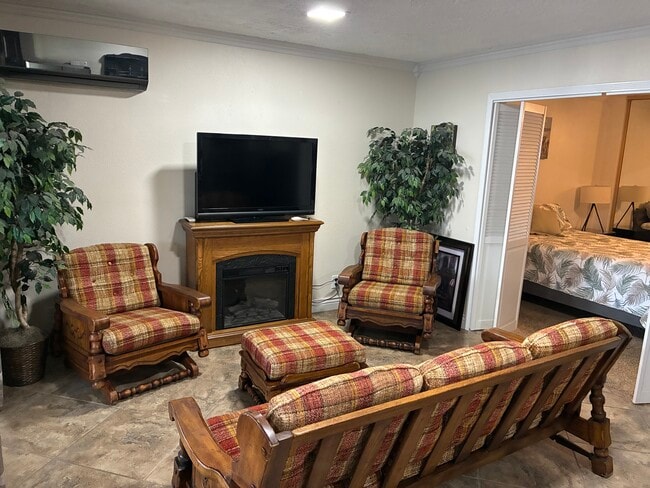 Living room with Amish electric heater and Vizio TV - 29984 Big Range Rd