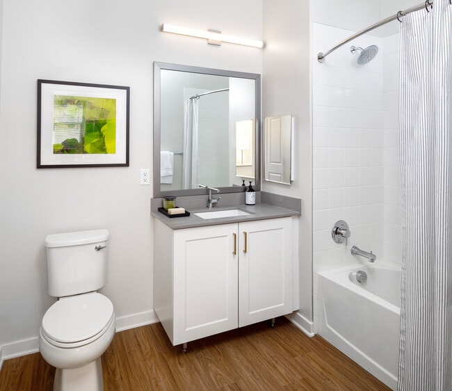 Design Collection II (South Building) Bath with white cabinetry, grey quartz countertops, and hard surface flooring
