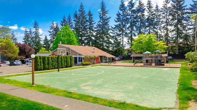 Full view of the basketball court and playground