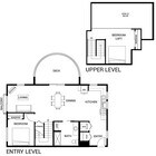 Modern townhouse floor plan showcasing a two-level design with a loft bedroom, spacious living area, dining room, and kitchen opening to a large deck. Includes convenient storage and a stylish bathroom layout.