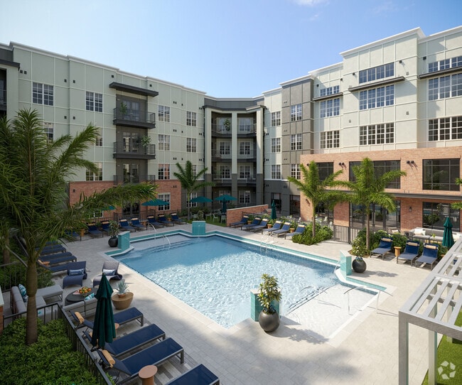Sparkling Swimming Pool with Cabanas and Lounge Chairs - Evelyn City Lofts