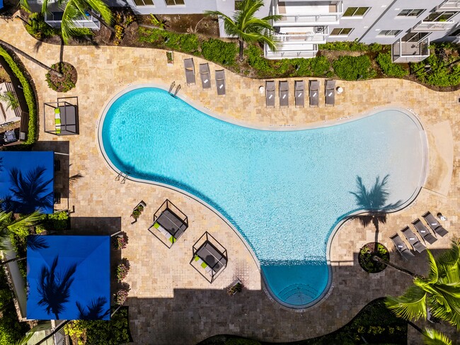 One end of the pool slopes in gently, the other is deep enough to swim.